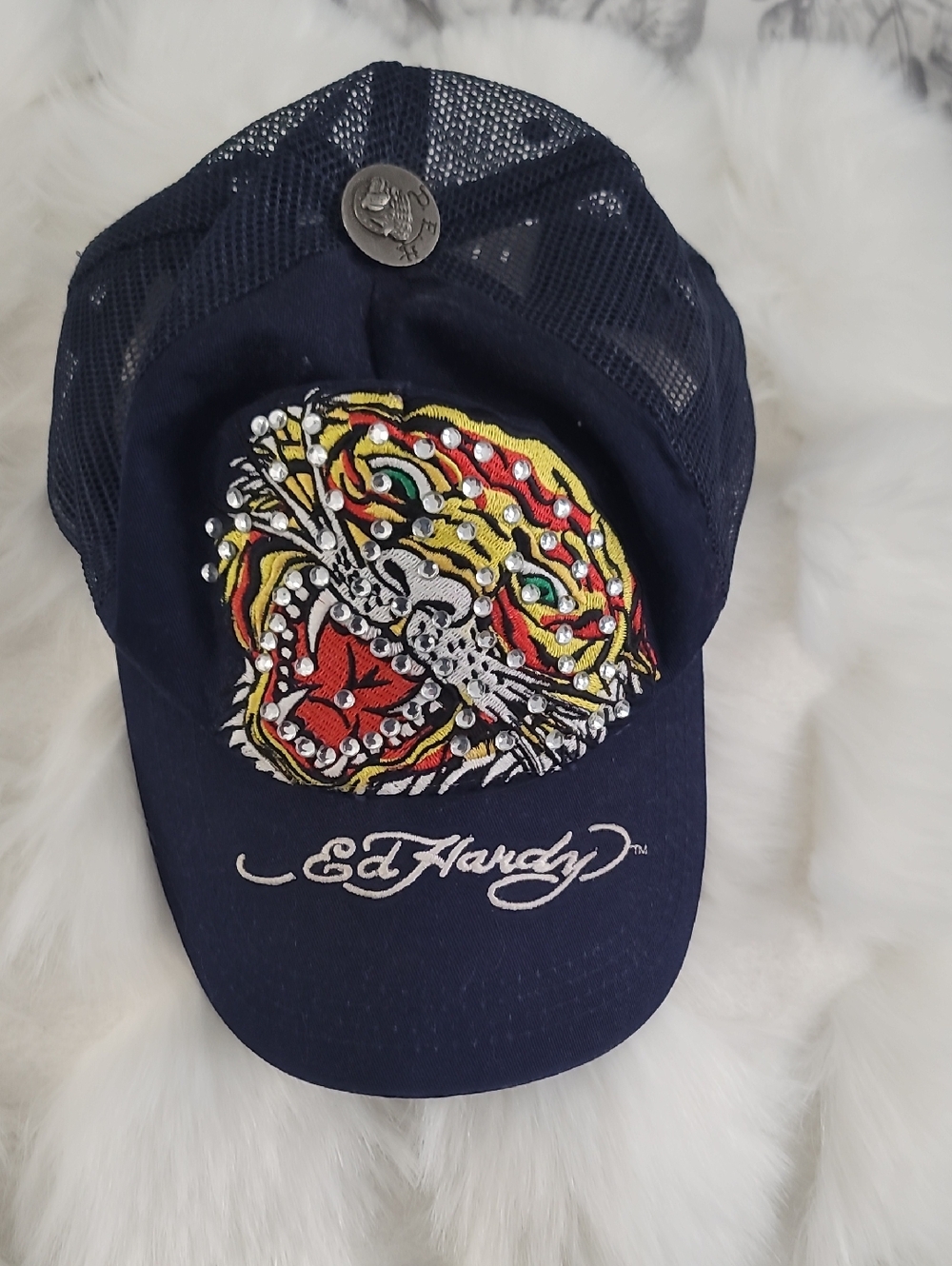Ed Hardy Navy Mesh Baseball Cap with Multicolor Tiger Patch